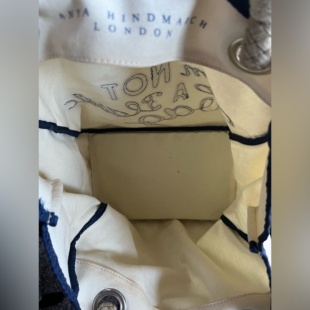 Anya Hindmarch London I AM NOT A PLASTIC BAG Cream and Navy Canvas Tote Bag - Picture 11 of 13